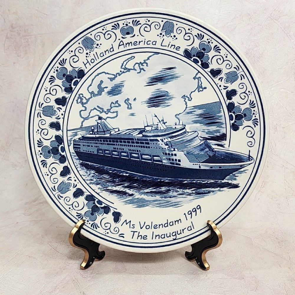 1999 Holland 9.5 America Cruise Volendam Inaugural Blue Delft Plate Royal Distel